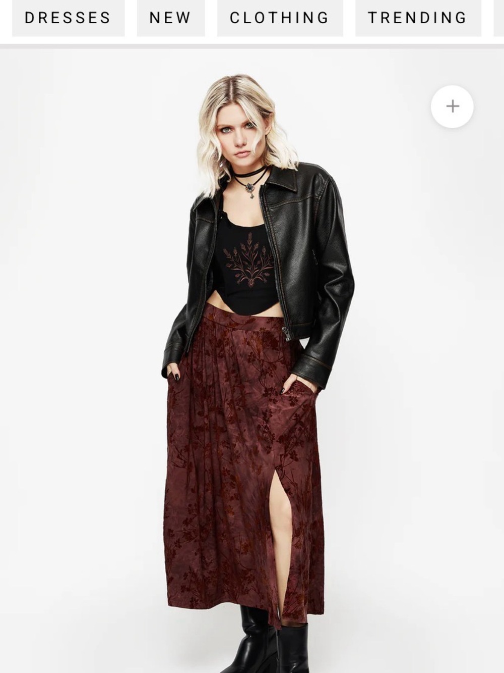 Disturbia Wytchelm Burgundy Floral Velvet Maxi Skirt with Side Slit - Picture 3 of 10